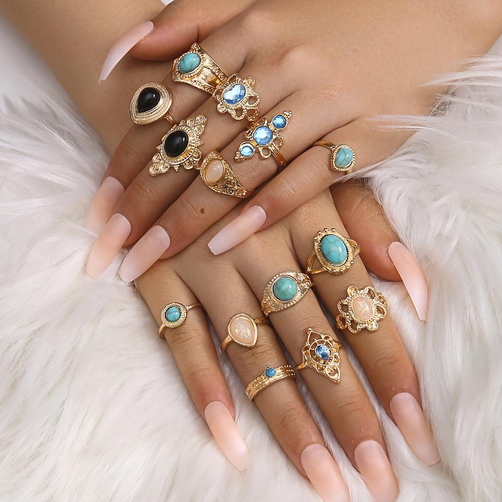

Turquoise & Black Cat s Eye Ethnic Ring Set with Diamonds - 14 Pieces