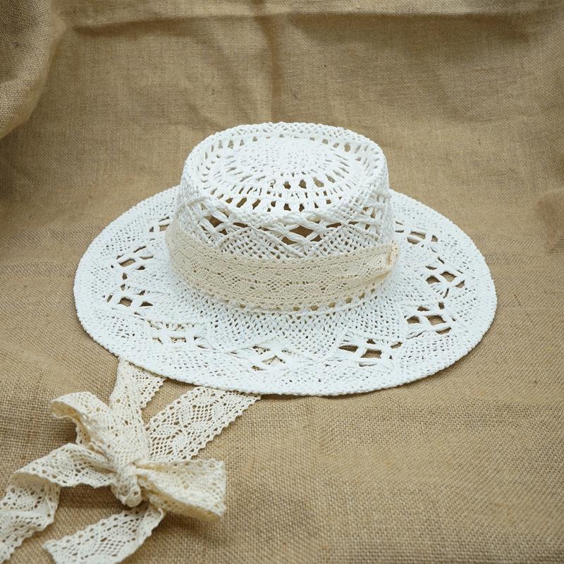 Japan Japanese French Retro Hollow Flower White Flat Top Top Hat Women'S Summer Sunshade Vacation Beach Straw Hat Outing
