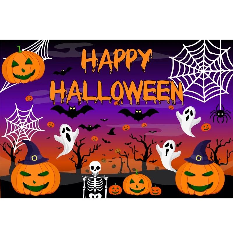 1pc Purple Happy Halloween Party Backdrop with Moon Castle Pumpkin Witch Banner for Halloween Themed Party Background Decoration