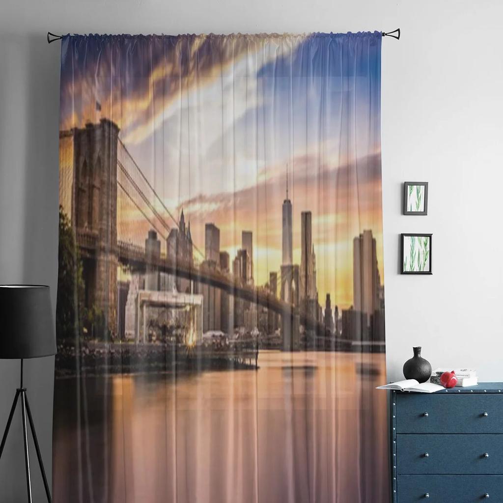 Brooklyn Bridge At Sunset Viewed From Brooklyn Bridge Park Tulle Sheer Curtains for Living Room Home Decor Voile Organza Curtain