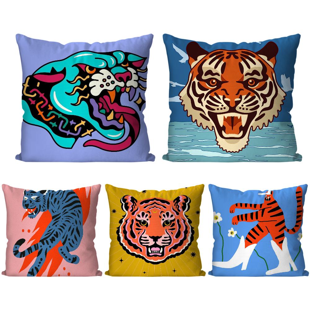 Niedlicher Löwe Tiger Leopard Kissenbezug Quadratisches Kissen Schlafzimmer Sofa Freizeit Komfort Kissen Auto Wohnzimmer Heimdekoration 40X40