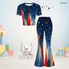 Girls Red Blue White Printed Round Neck Short Sleeve Top Flared Pants Two Piece Set