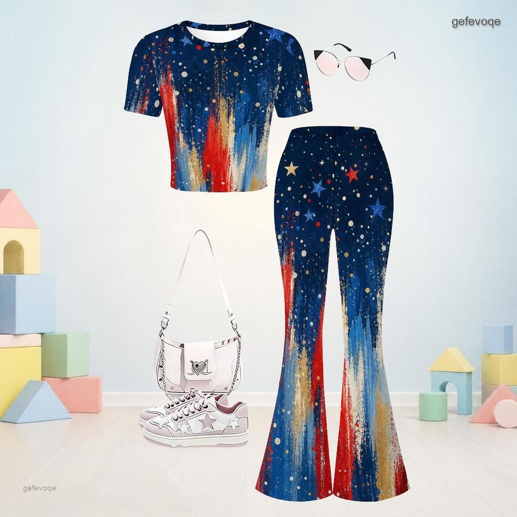Girls Red Blue White Printed Round Neck Short Sleeve Top Flared Pants Two Piece Set