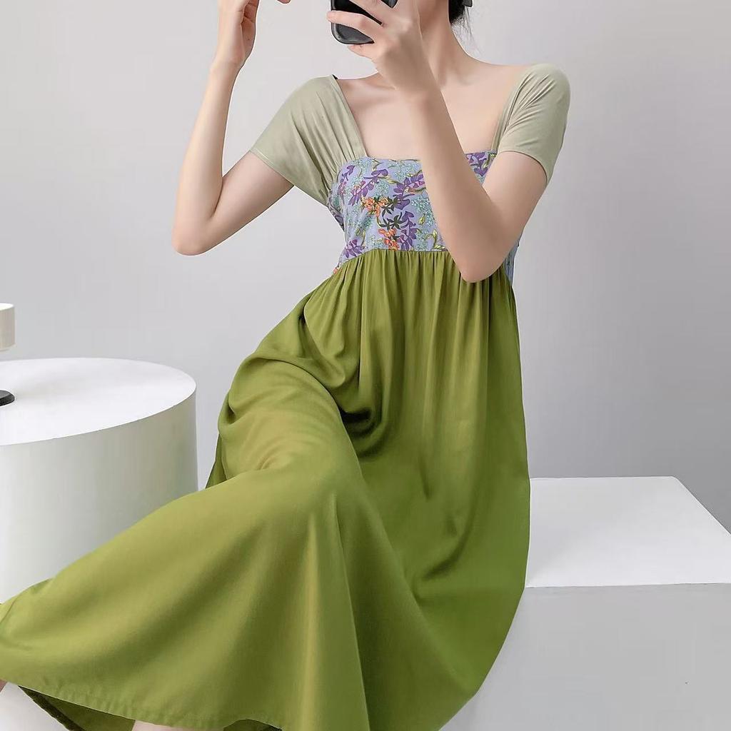 Hanfu nightdress women's summer square neck short-sleeved skirt solid color lace-up national style cotton and silk loungewear mint green cotton silk 