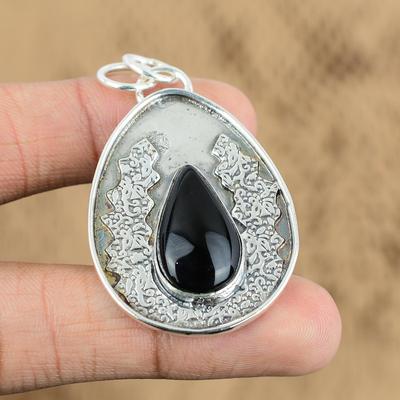 Womens Day Sale 925 Sterling Silver Pear Black Onyx Stone Anniversary Pendant