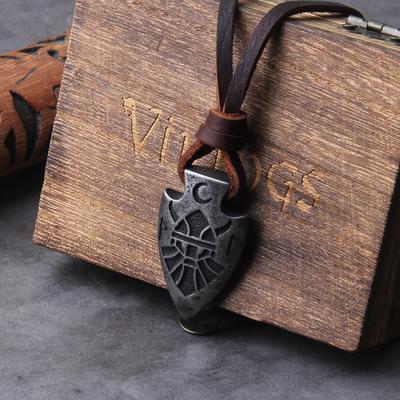 Stainless Steel Viking Spear Pendant Necklace with Real Cow Leather Chain Mens Gift Iron Color