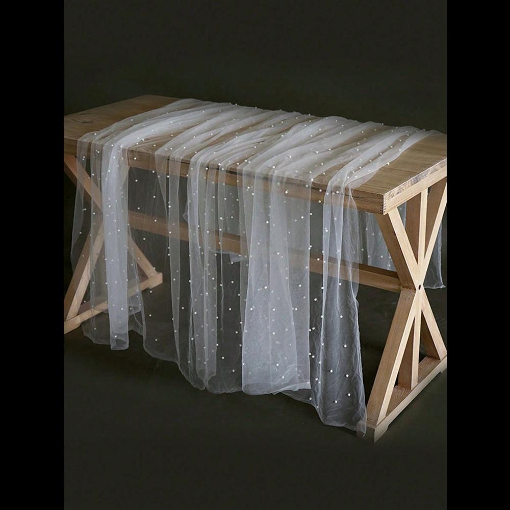 

1 шт. Фон для фотосъемки торта, Мягкая тюлевая ткань-занавес, Органза с искусственным жемчугом, Скатерть для десертного стола, Белый кружевной фон в сказочном стиле, Реквизит 80*100cm белый