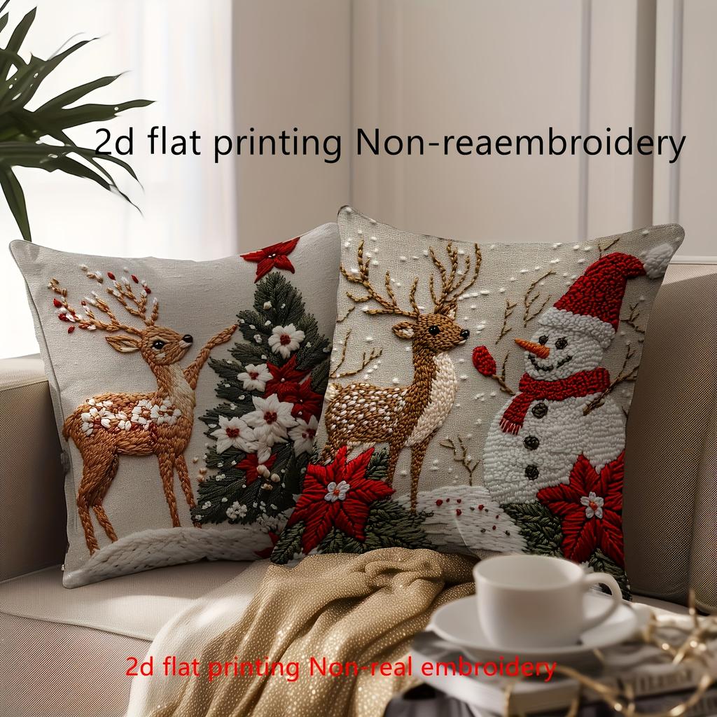 2D Flat Printing, 4 Christmas Themed Pillowcases, Featuring Design Elements Such As Santa Claus and Reindeer, Non Real Embroidery,  Zippered Closure