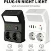 EU Standard Wireless Socket Extender with Night Light, 2 Outlets Multi-port Wall Plug Adapter with USB Ports, Multi-functional EU Power Converter