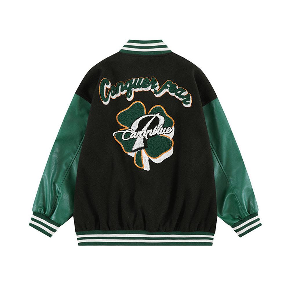 Women's Men’s Y2K Baseball Jacket Letter Leaves Print Long Sleeve Button Down Oversized Unisex Biker Outwear Streetwear