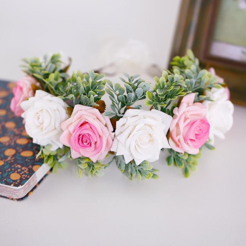 Adjustable Floral Garland Handmade Rose Flower Wreath Headband with Ribbon for Wedding Festival Travelling Photo Props