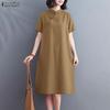 Women Casual Stand Collar Summer Short Sleeve Straight Dress