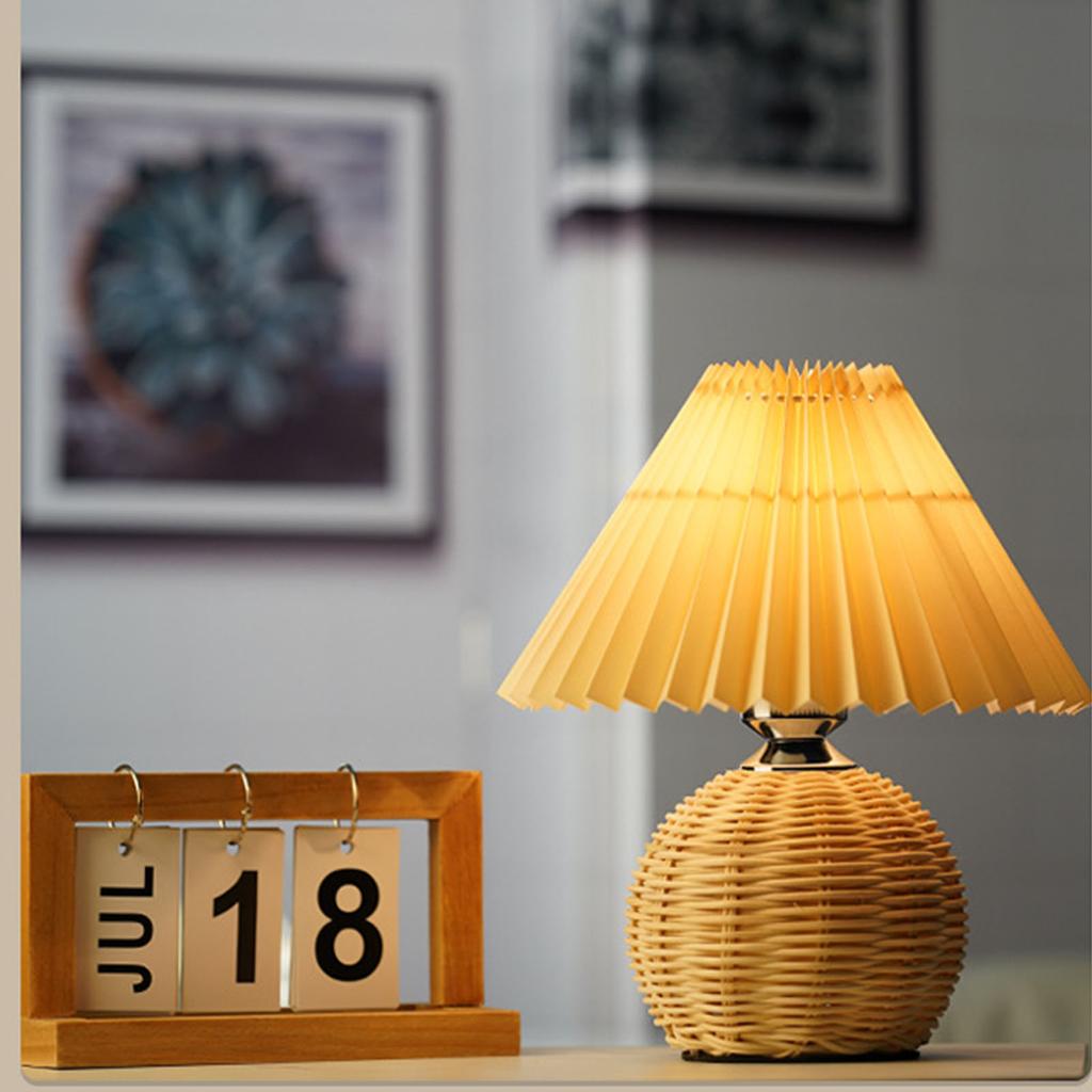 Lampă de masă mică, stil plisat, bază din ratan, 3 iluminare colorată, lampă de noptieră nordică pentru