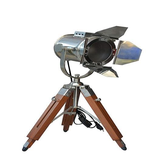 Small Desk Search Light with Wooden Tripod Stand - Home Decor Nickle Finish Table Light
