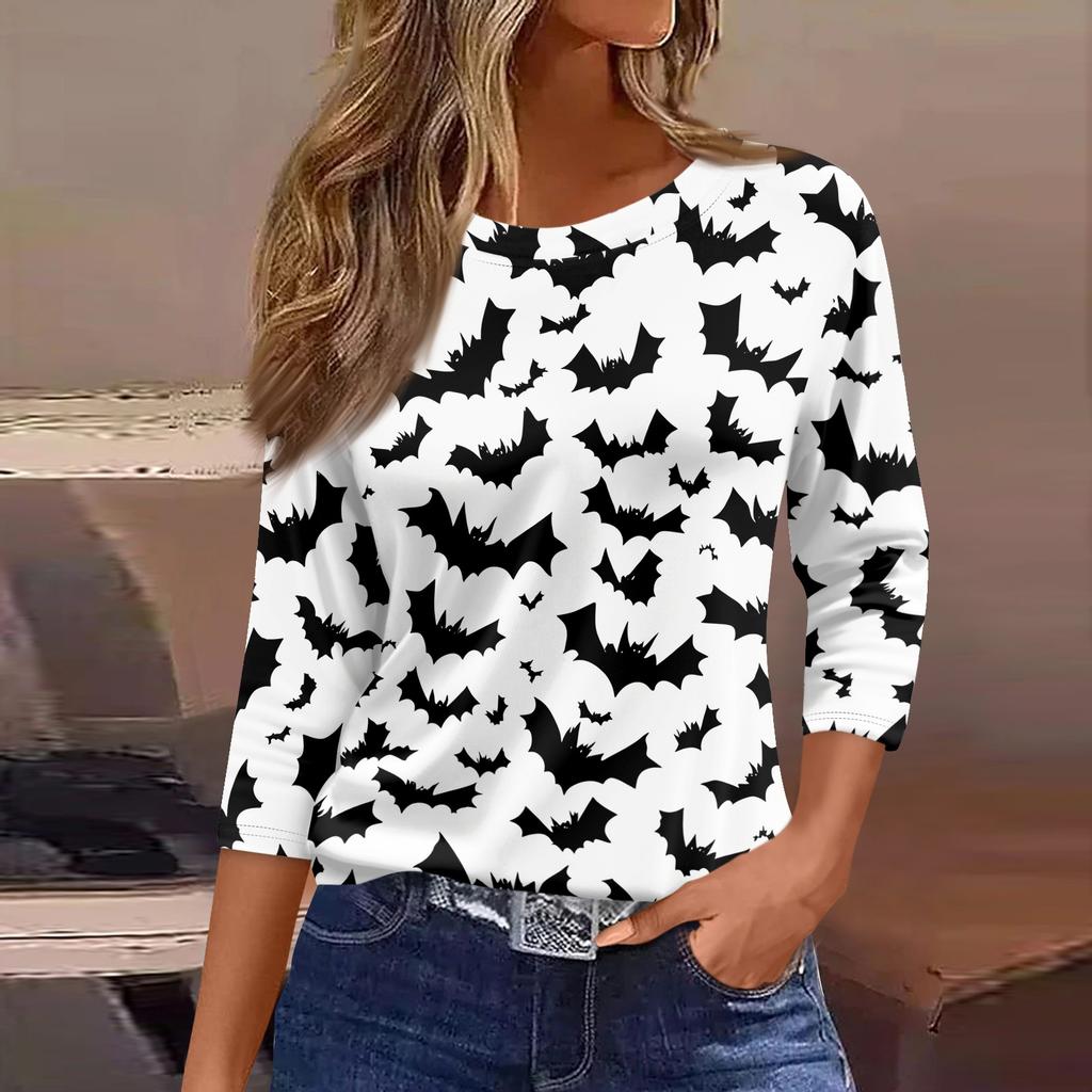 Women's Halloween Print 3/4 Sleeve Loose Fit Casual T-Shirt Round Neck Comfortable Top for Everyday Wear
