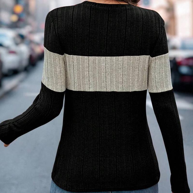 2025 Autumn and Winter New Products Round Neck Loose Casual Color Matching Thin Sweater, Temperament All-match Elegant Ladies Long-sleeved Top 5019