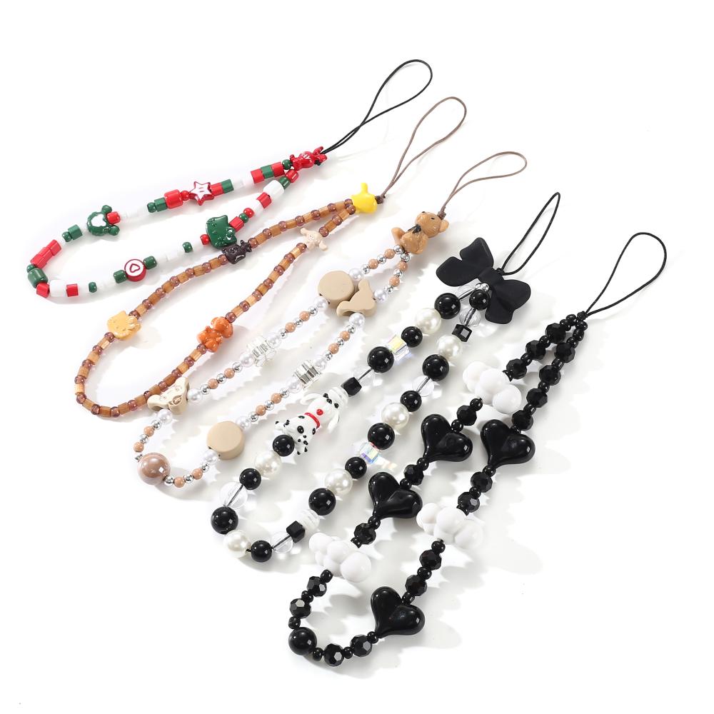Black Beaded Mobile Phone Charm Ins Stringed Pearls Love Phone Lanyard Short Carrying Strap Drop-Resistant Phone Ornaments