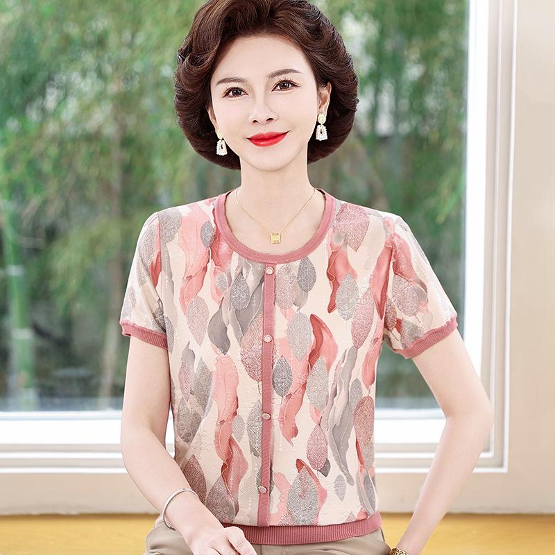Mom's Ice Silk T-Shirt for Middle-Aged Women: Short-Sleeve Summer Top for 50s & 60s.