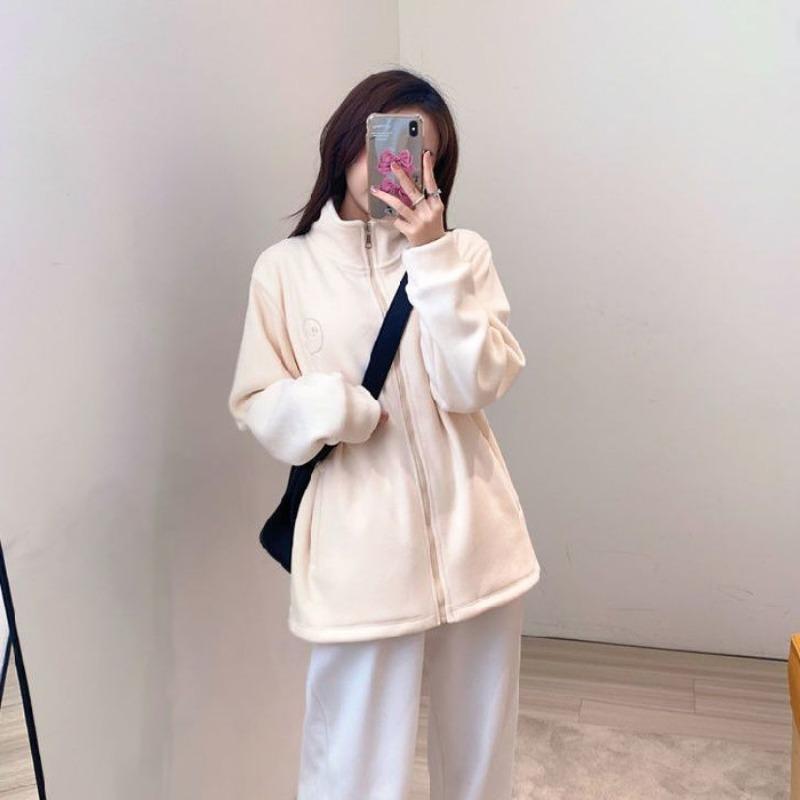 

Осенне-зимняя теплая утолщенная женская абрикосовая куртка с длинным рукавом, свободный повседневный топ с воротником-стойкой на молнии, подходящий ко всему 2XL абрикосовый