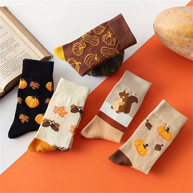 Autumn-Inspired 5 Pairs of Knee-Length Socks with Cartoon Squirrels and Pumpkins Design, Comfortable Fit Polyester Blend with Stretch