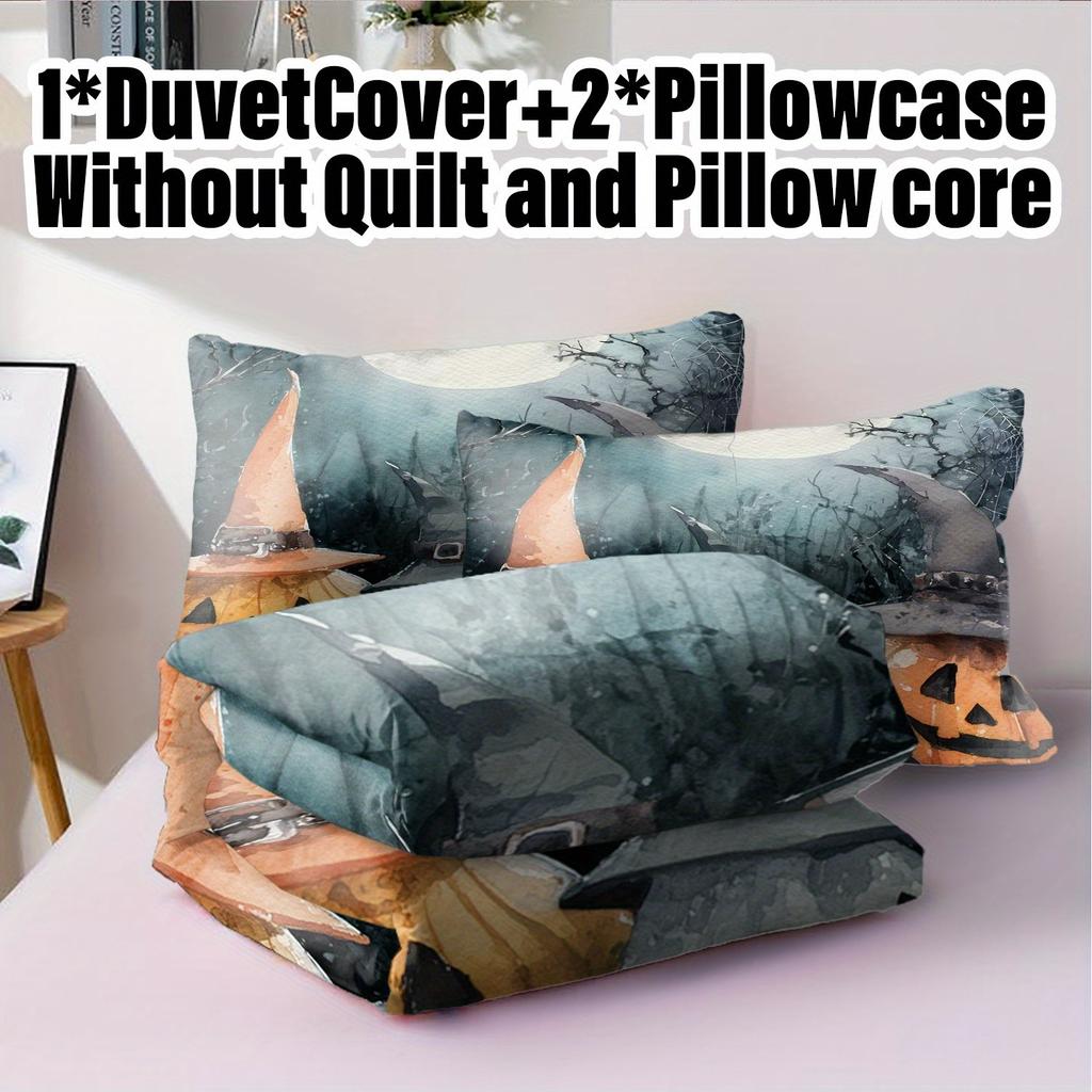 3pcs Halloween Duvet Cover Set without Insert, Soft Polyester Quilt Cover with 2 Pillowcases, Blue Green Witch Hat & Pumpkin