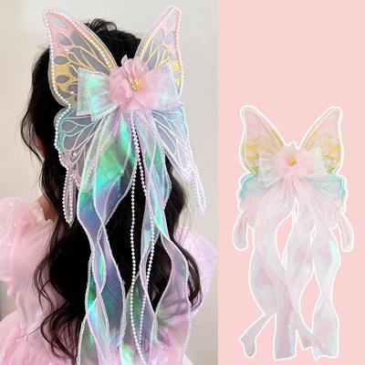 New Cute Big Bow Princess Style Girl Woven Hair Strap Hair Clip and Long Tail Metal Spring Buckle Hair Clip