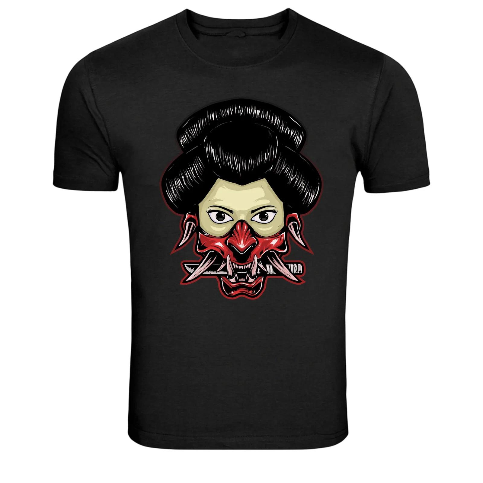 Geisha Demon Mask Japanese Warrior Girl Graphic T-Shirt S