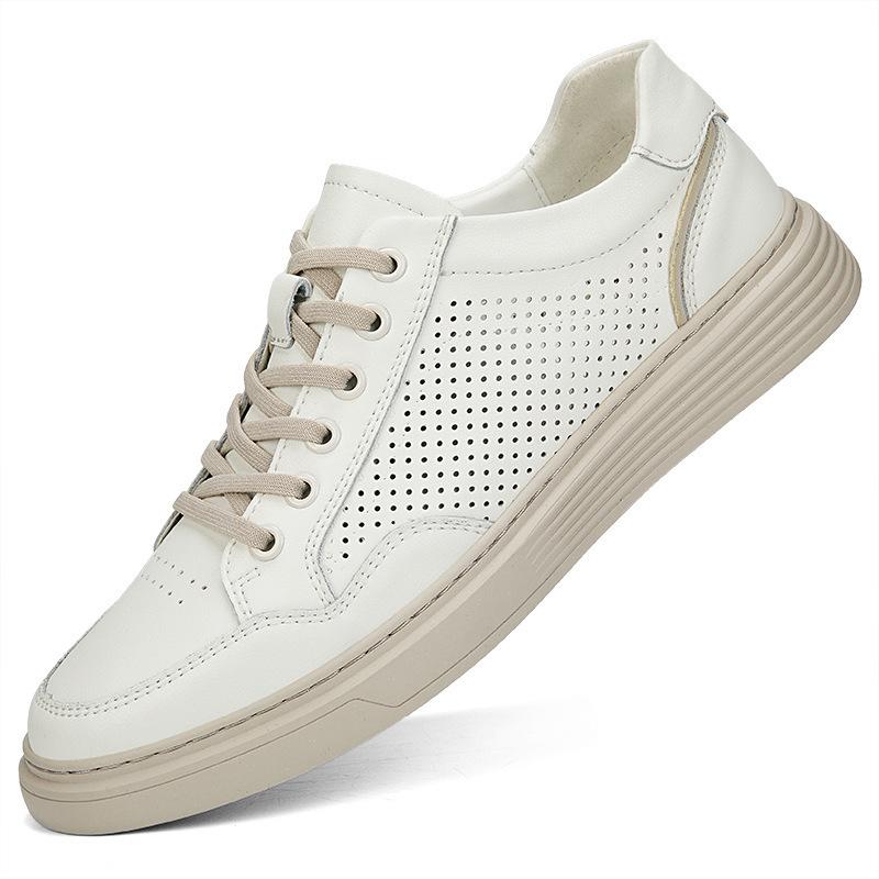 Men's Summer Perforated Leather Sneakers - Breathable Genuine Cowhide with Thick Sole