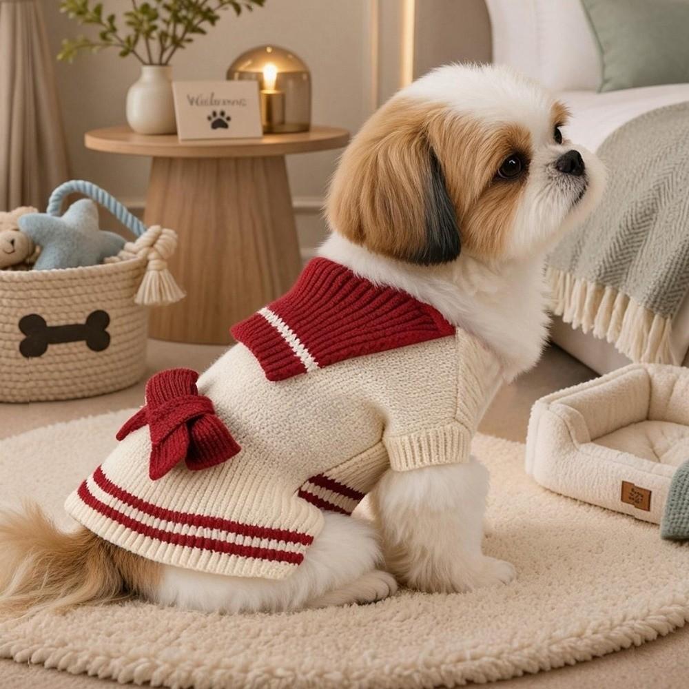 Cute Warm Dog Sweater Dress Cozy Bow Design Striped Dog Sweatshirt Knit Sweater Bow Yarn Skirt Autumn Winter