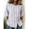 Women's Neutral Floral & Stripe Print Button & Tie Front Blouse, Casual Stylish Top for Spring Summer Daily & Versatile Wear