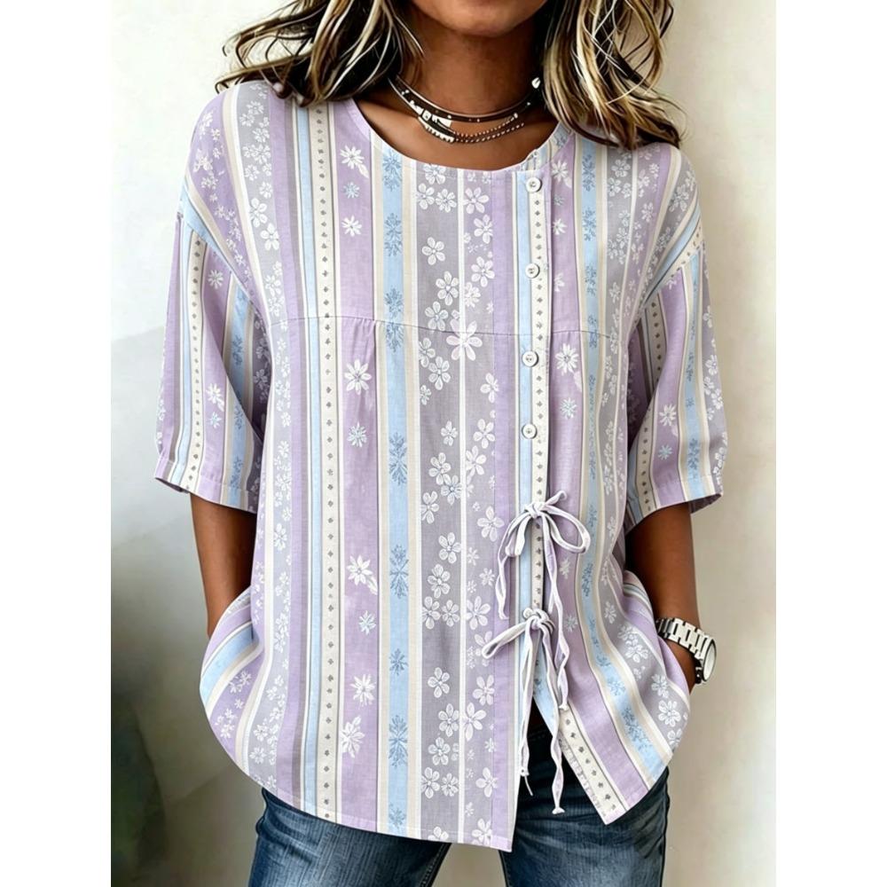 Women's Neutral Floral & Stripe Print Button & Tie Front Blouse, Casual Stylish Top for Spring Summer Daily & Versatile Wear