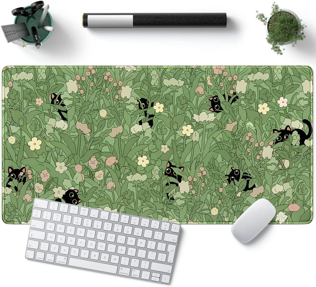Cute cat flower plant pattern large table mat suitable for office game and home decoration Green 40*80*0.2cm