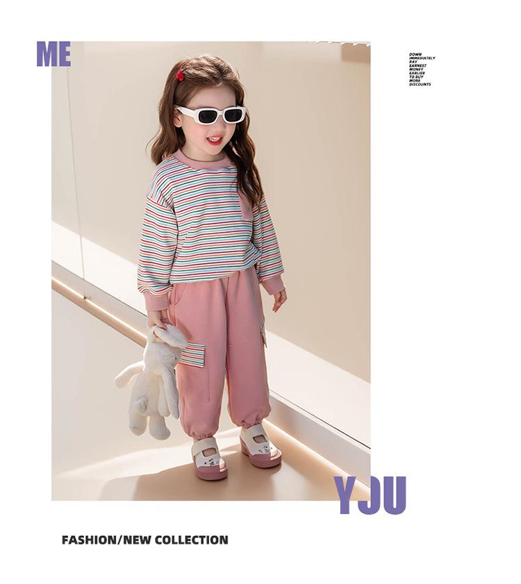 2025 Girls' Stylish Striped Long-Sleeve Sweatshirt & Pant Set - Spring/Autumn Fashion