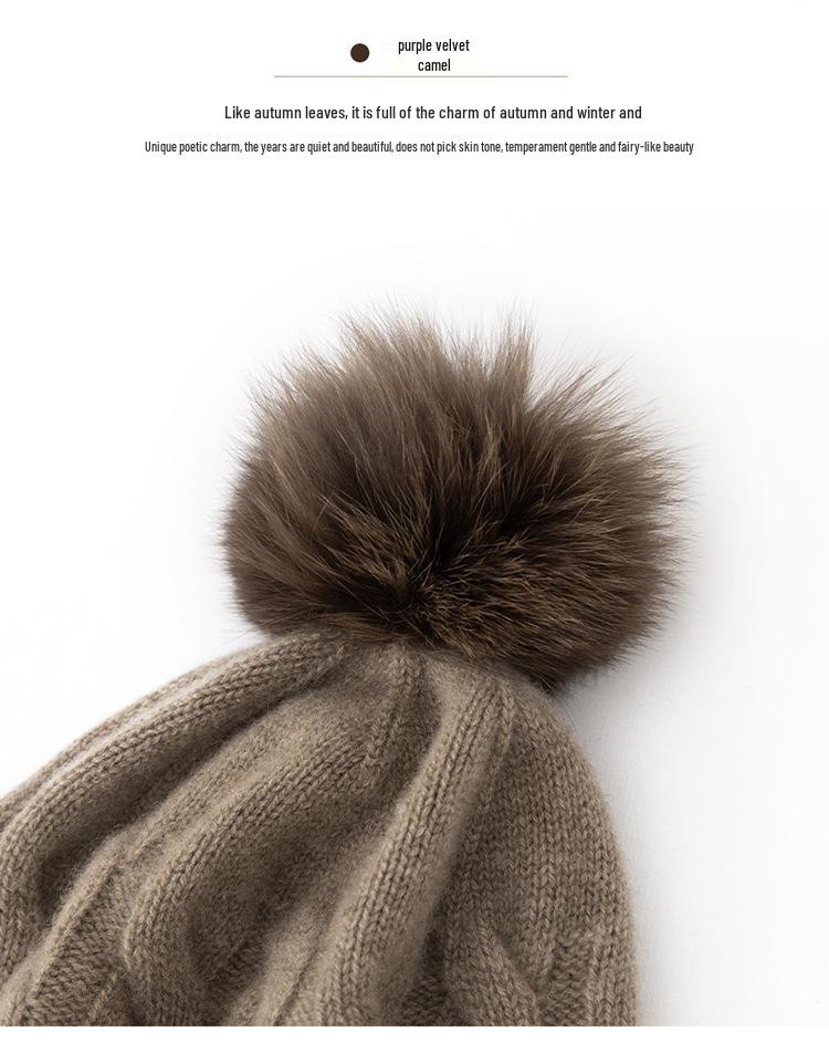 Women's 100% Cashmere Pom-Pom Hat - Three-Strand Winter Knit, Versatile Cable, Warm Ear Protection