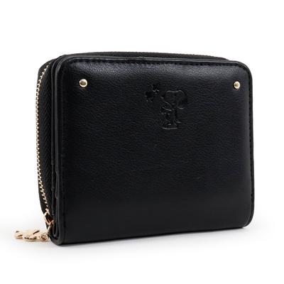 Snoopy Women's Bifold Wallet with Round Zipper and Embossed Flower and PEANUTS Design (Black)
