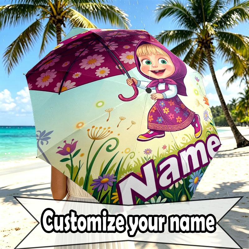 Custom Name Personalized Masha and the Bear Print Umbrella, Auto Open Close, 8‑Rib Sturdy Frame, Commute Camping Hiking Use, Birthday Gift