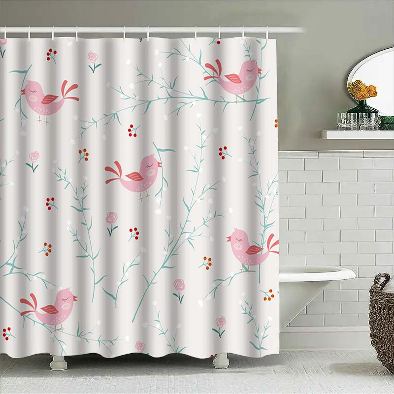 Pink Birds Branches Shower Curtain For Bathroom Decor Waterproof Fabric Bath Mat Home Decoration Gift Ideas (180X240Cm)