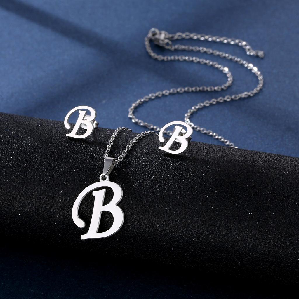 Fashion Alphabet Necklace And Earrings Set Shiny Colorfast Pendant Choker Jewelry
