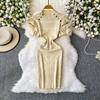 Summer Women Elegant Ruffle Metal Button Office Work Knitted Sheath Sweater Mini Dresses