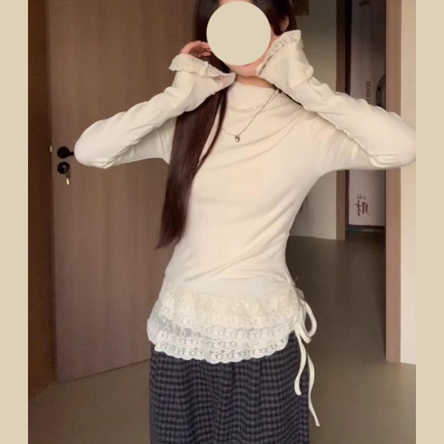 Korean Lace Trim Plush Base Layer Slim Top for Women - Autumn/Winter Long Sleeve