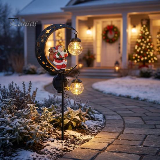 Christmas Pathway Lighting Santa Garden Stake Light, Solar Powered Crescent Moon Lamp, Double Outdoor Festive Ground Stakes Glass Globes, Waterproof