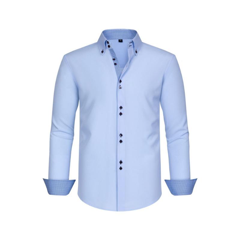 Four-sided Stretch Men's Shirt Polka Dot Color Block Design Double-breasted Color Blocking Shirt