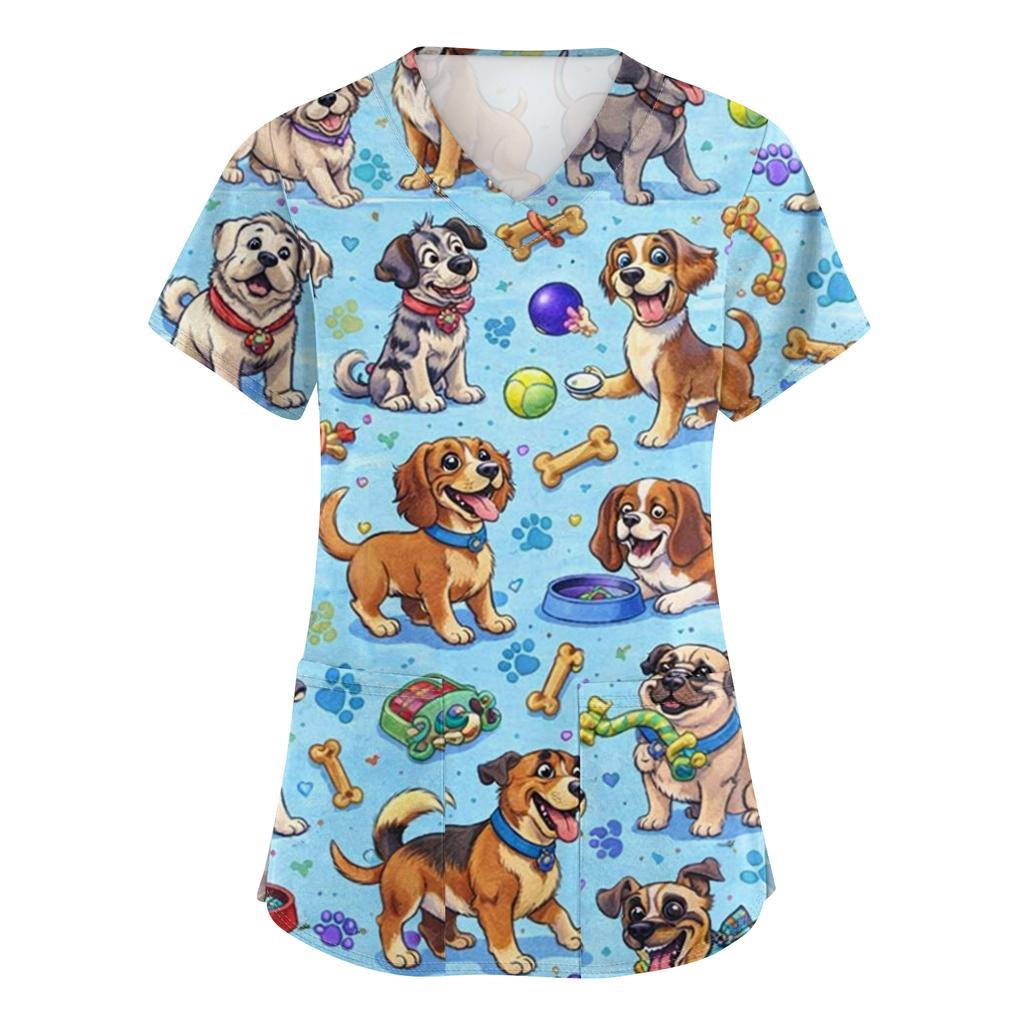 Women's Casual Short-Sleeve Cute Animal Print V-Neck Pocket Workwear Top