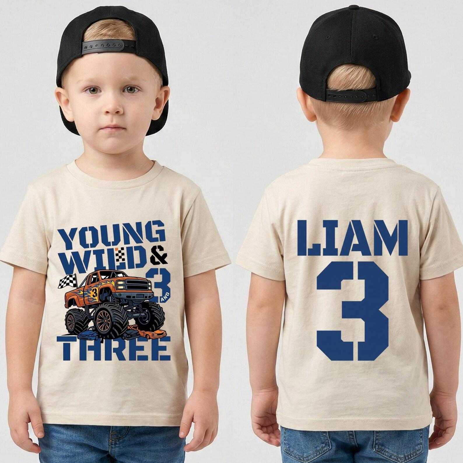 Personalized Young Wild And Three Shirt, Custom Name 3rd Birthday Boy Tee, Monster Truck Birthday Gift, Retro Unisex Party Shirt 120
