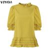 VONDA Women Casual Ruffled Round Neck Summer Short Puff Sleeve Pleating Blouse