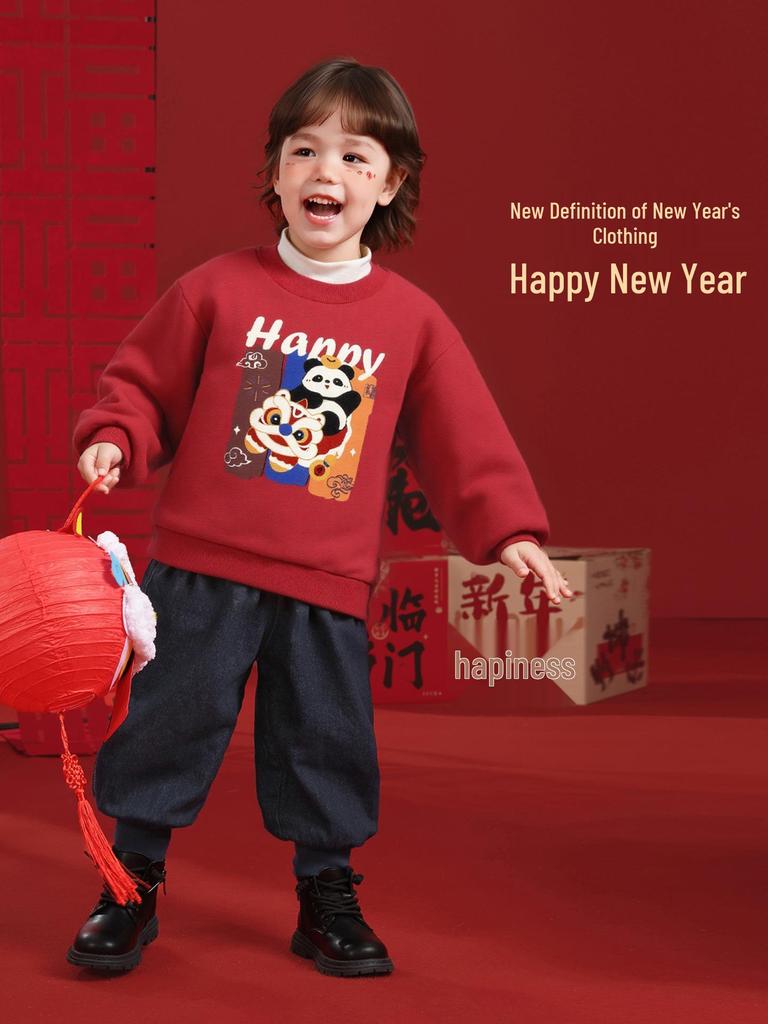 Europäischer roter Fleece-gefütterter Hoodie für Jungen – Kleinkinderbekleidung im Neujahrs- und Winterstil