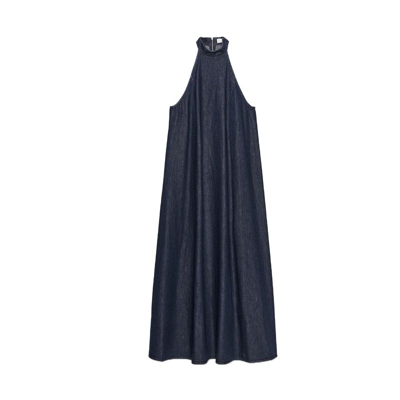 

Autumn New Women clothes French style Commuter Style Simple Sleeveless Hanging Collar Denim Long Dress 6929287 SEA BLUE L