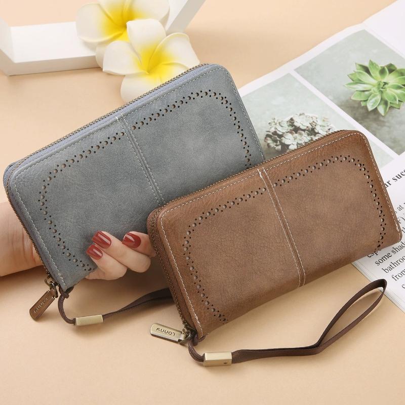 Women Hollow Zipper Wallet Leather Clutch Retro Female Hollow Organ Card Bag Large Capacity Long Mobile Phone Card Holder