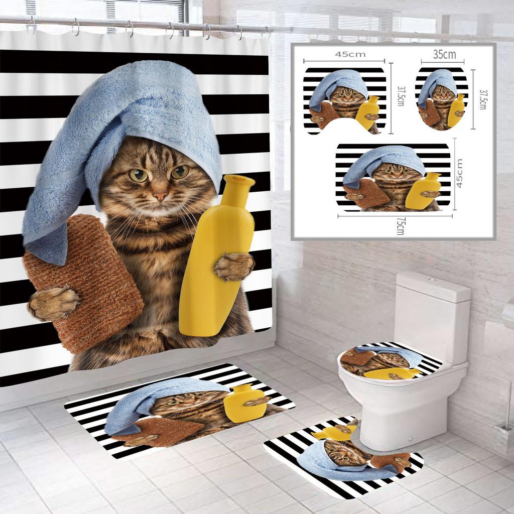 Creative Digital Printing Shower Curtain Cat Four-Piece Shower Curtain