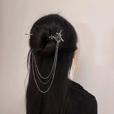 Palito de Cabelo com Corrente de Contas e Franjas de Rosa Espinhosa Gótica Punk Personalizado e Fashion para Mulheres Acessórios de Cabelo Diários